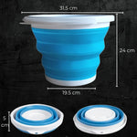Carregar imagem no visualizador da galeria, Balde dobrável portátil de silicone azul com medidas destacadas para uso versátil
