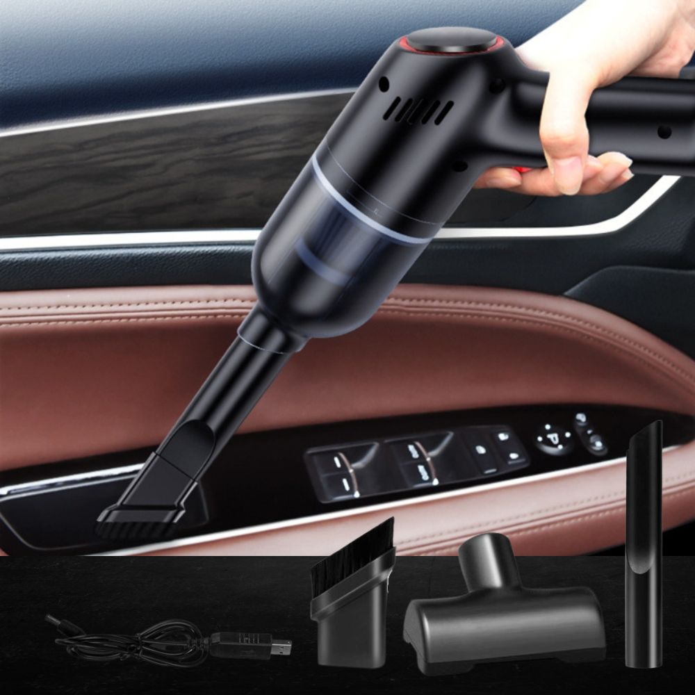 Aspirador portátil preto em uso, limpando o interior do carro automóvel com precisão