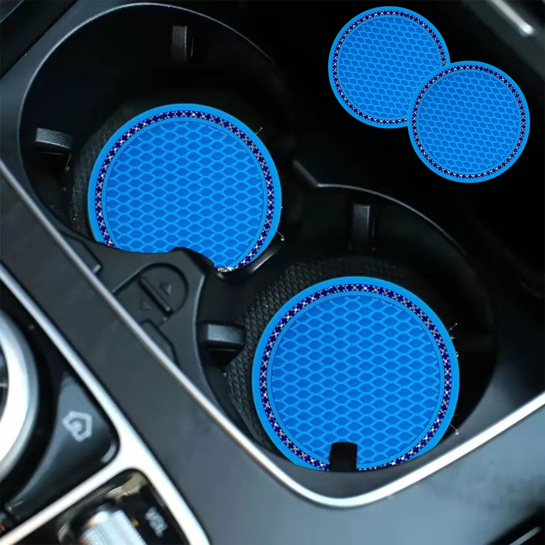 Tapete de borracha azul para porta-copos de carro, com padrão geométrico e borda decorativa brilhante
