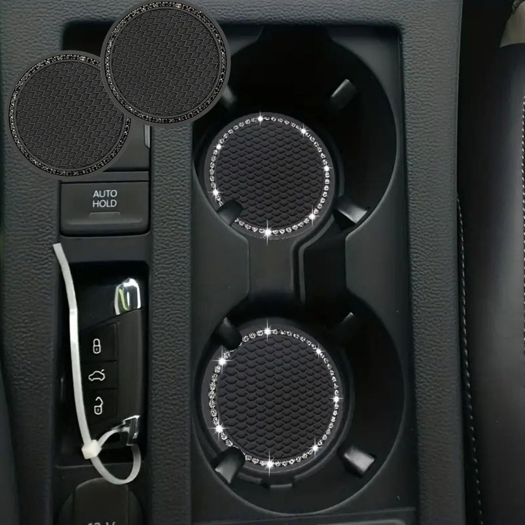 Base de borracha preta para porta-copos de carro, com textura e detalhes brilhantes decorativos em branco