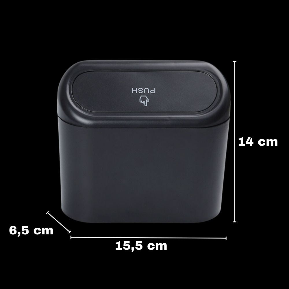 Caixote do lixo preto para carro com dimensões de 14 cm por 15,5 cm por 6,5 cm