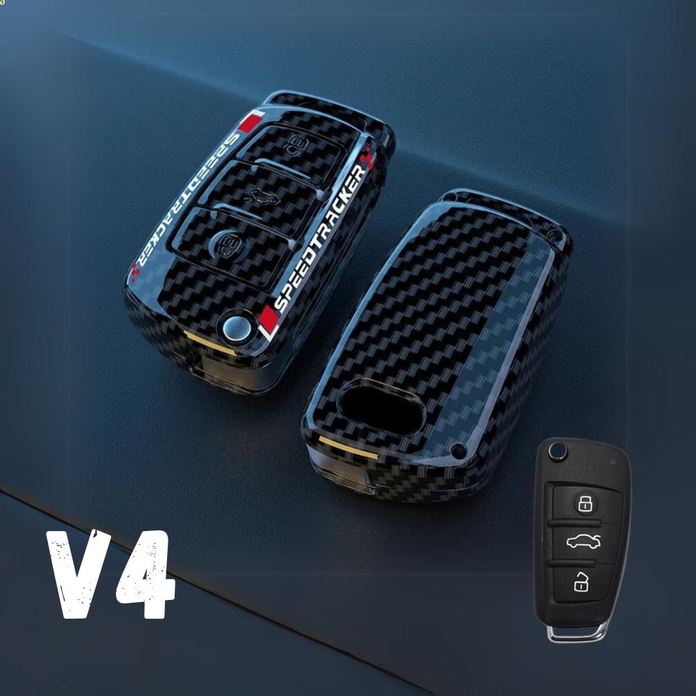 Capa de chave em carbono estilo desportivo com texto 'SPEEDTRACKER' para Audi V4