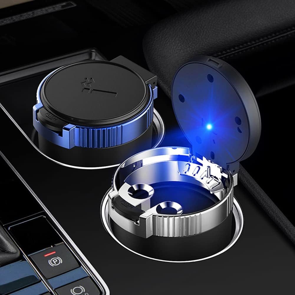 Cinzeiro preto com iluminação LED azul, design elegante e moderno para interiores de carros