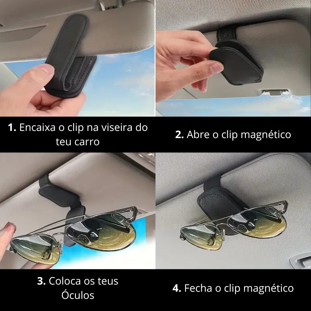 tutorial explicativo de como montar o Clip magnético para óculos na viseira do carro, de modo a que fique sempre à mão durante as viagens