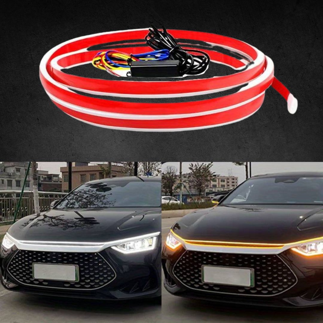 exemplo do DRL Led Capô com Pisca Dinâmico instalado num automóvel com iluminação branca e laranja quando muda de direção