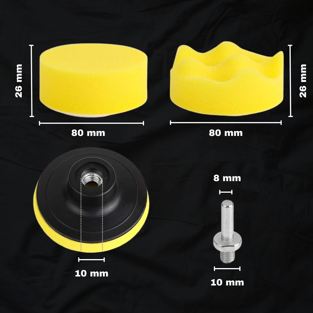 Kit Esponjas Polimento dimensões das esponjas e parafusos de encaixa, com uma utilização fácil e uma compatibilidade universal