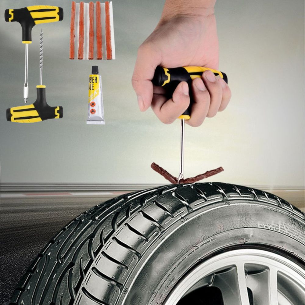 Procedimento de reparo de pneu com kit, incluindo ferramentas e cola, com ênfase na aplicação da tira