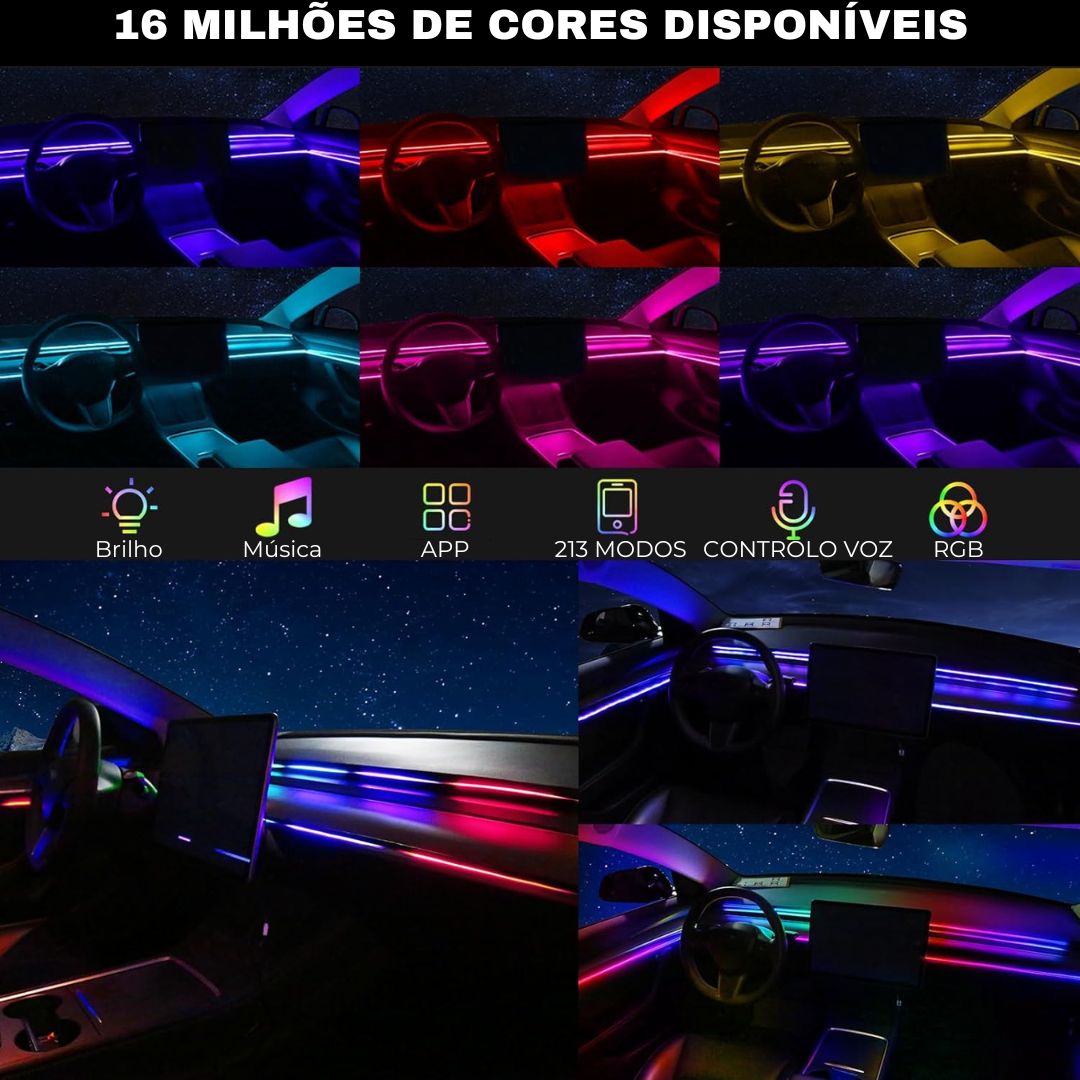 LED RGB em Acrilico para painel do automóvel com 16 milhões de cores e vários modos diferentes como intensidade do brilho, sensor de música, controlado por APP e smartphone e controlo de voz