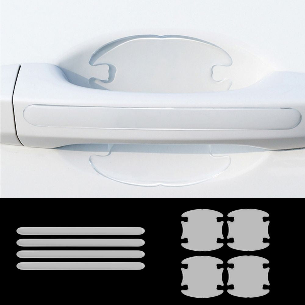 Película de proteção transparente sobre puxador de carro branco, proteção contra riscos e visualização do produto em detalhe