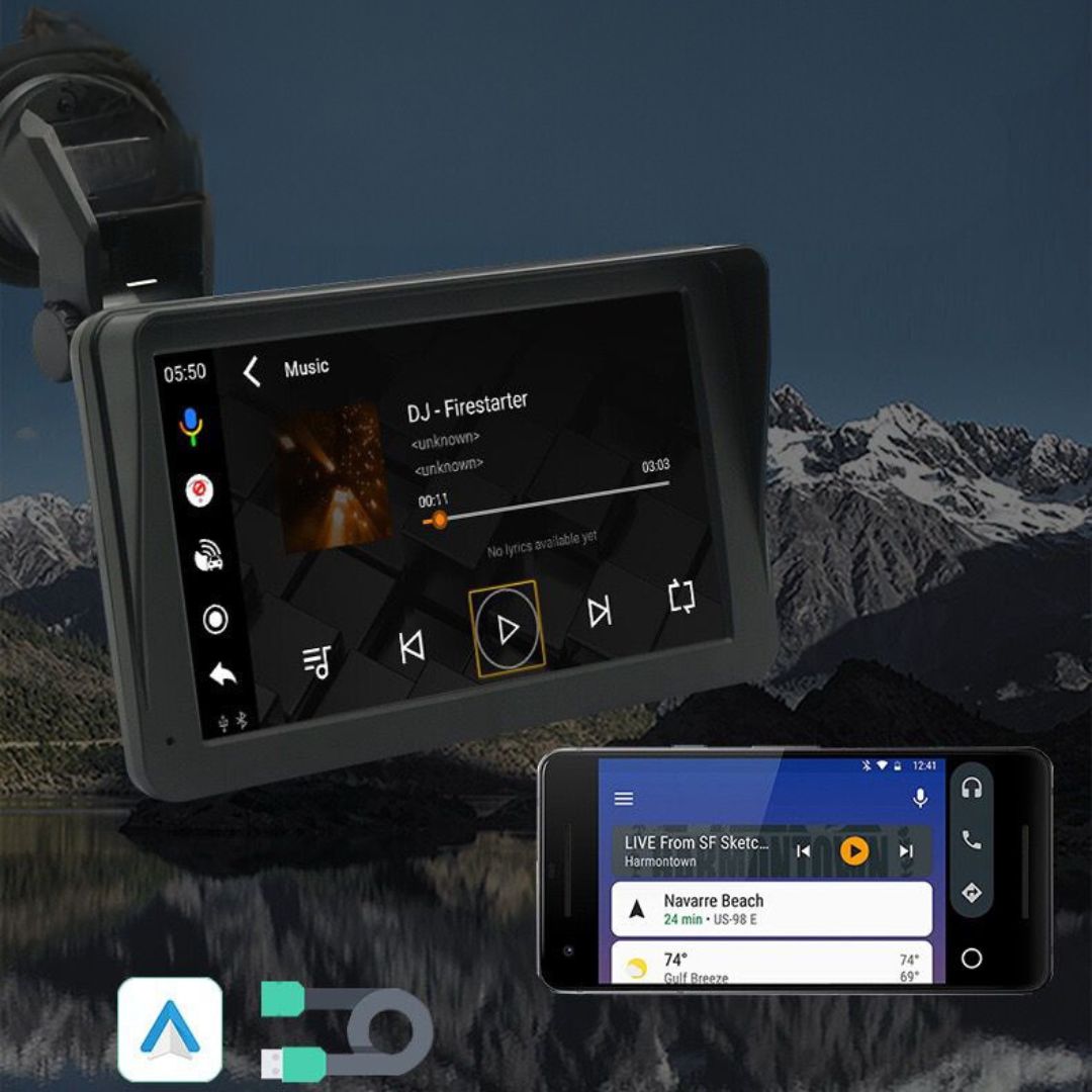 Auto Rádio Portátil para carro com ecrã tátil touch integração automática de apps e ligação rápida e screen mirroring música gps