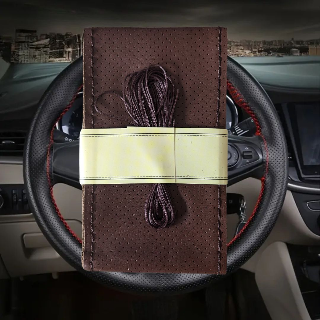 capa volante para coser com linha e agulha material couro castanho personalização carro automóvel 