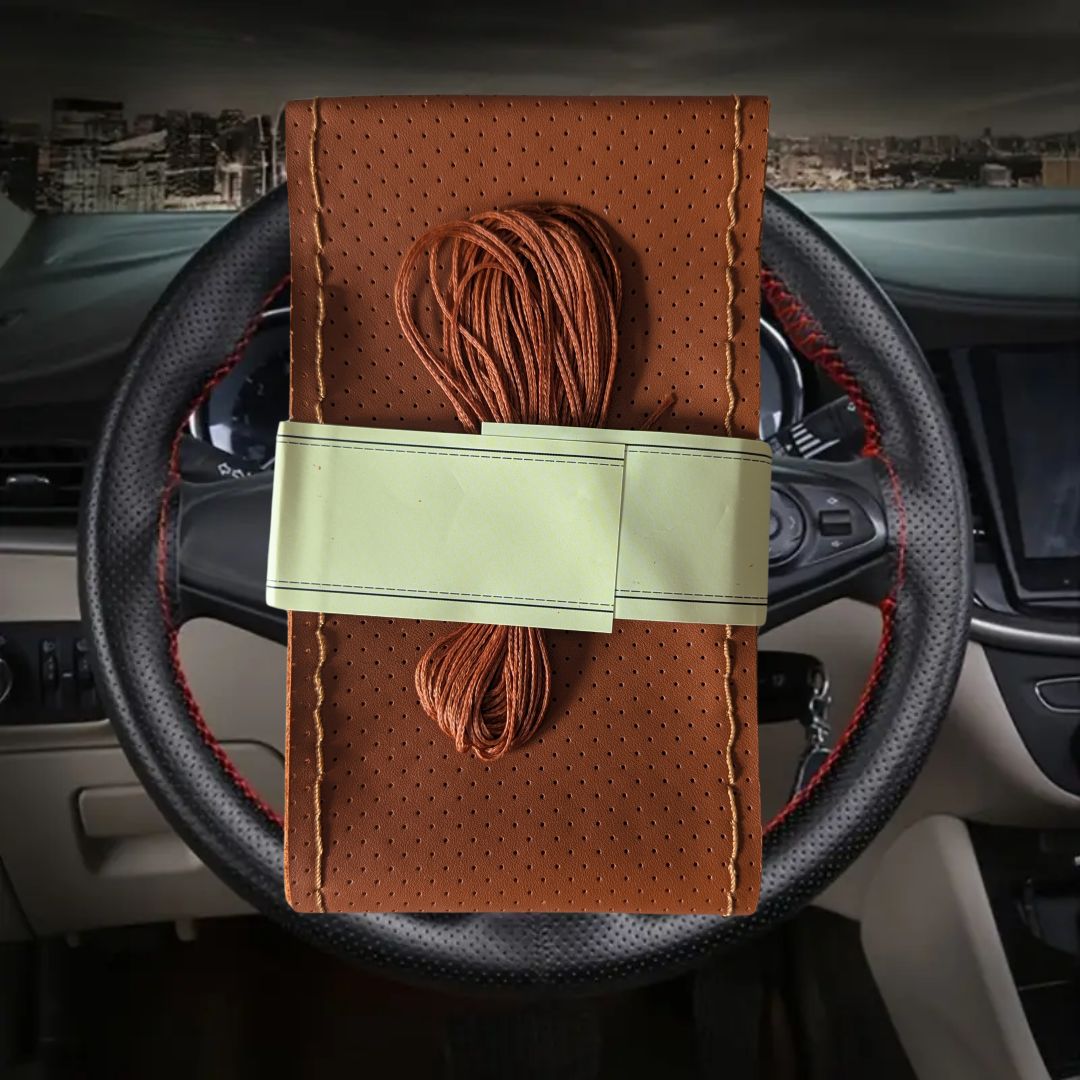 capa volante para coser com linha e agulha material couro castanho claro personalização carro automóvel 