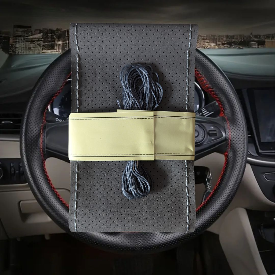 capa volante para coser com linha e agulha material couro cinzento personalização carro automóvel 