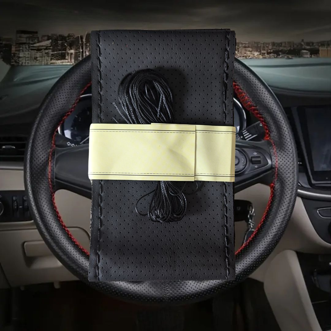 capa volante para coser com linha e agulha material couro preto personalização carro automóvel 