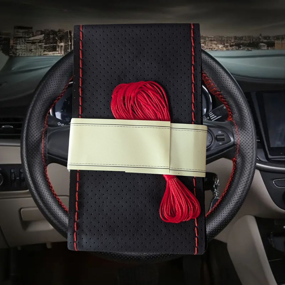 capa volante para coser com linha e agulha material couro vermelho preto personalização carro automóvel 