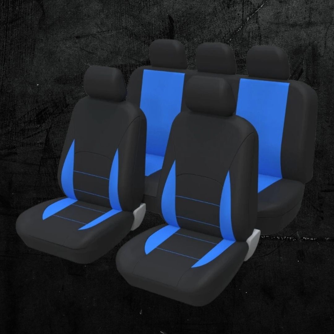 Conjunto de capas para bancos de carro em azul e preto, destacando-se pela proteção e renovação do interior do veículo, combinando estilo e durabilidade.