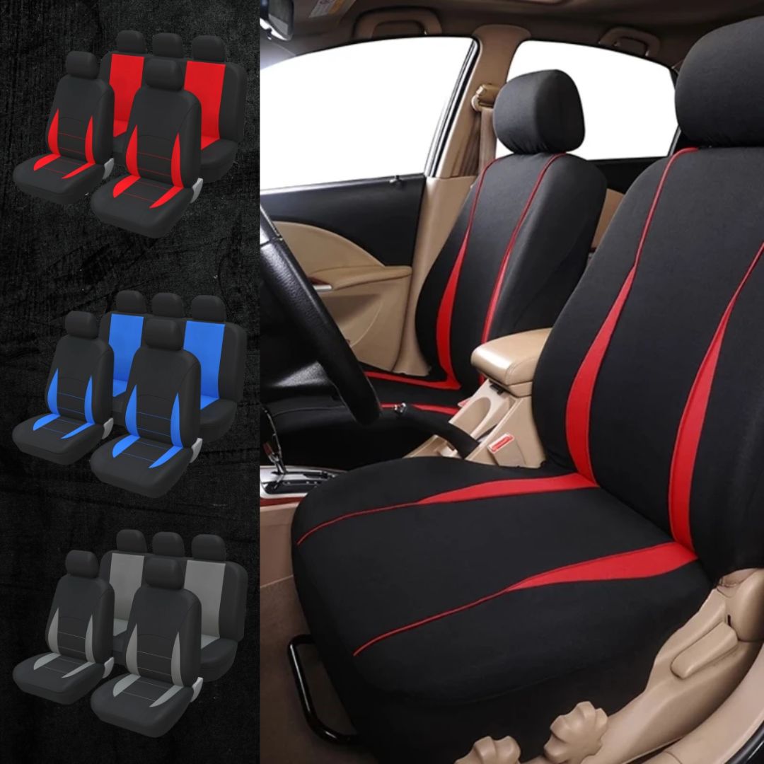 Conjunto de capas para bancos de carro em várias cores (vermelho, azul e cinza), mostrando a aplicação e a proteção que oferecem para o interior do veículo.