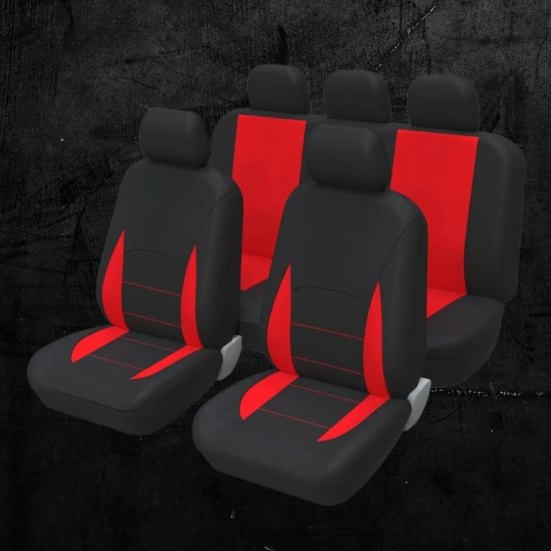 Conjunto de capas para bancos de carro em vermelho e preto, ideal para proteção e renovação do interior do veículo, oferecendo estilo e conforto.