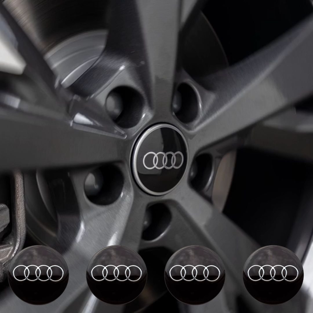 Emblemas de Centro de Jantes para pneu com marca automóvel audi em preto e prateado com efeito de carbono personalização roda