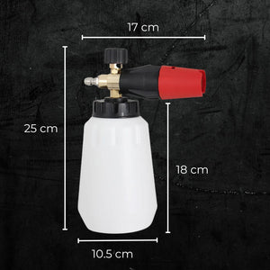 Dimensões da pistola de espuma para lavagem a pressão, medindo 25 cm de altura, 17 cm de largura e 10.5 cm de diâmetro. Ideal para limpeza de carros.