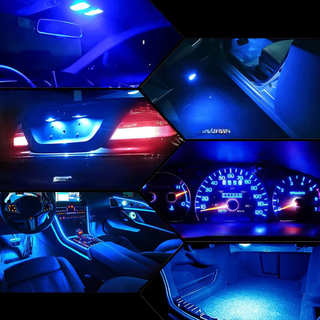 exemplo das lâmpadas t10 para carro automóvel para faróis, matrícula, painel com cor azul
