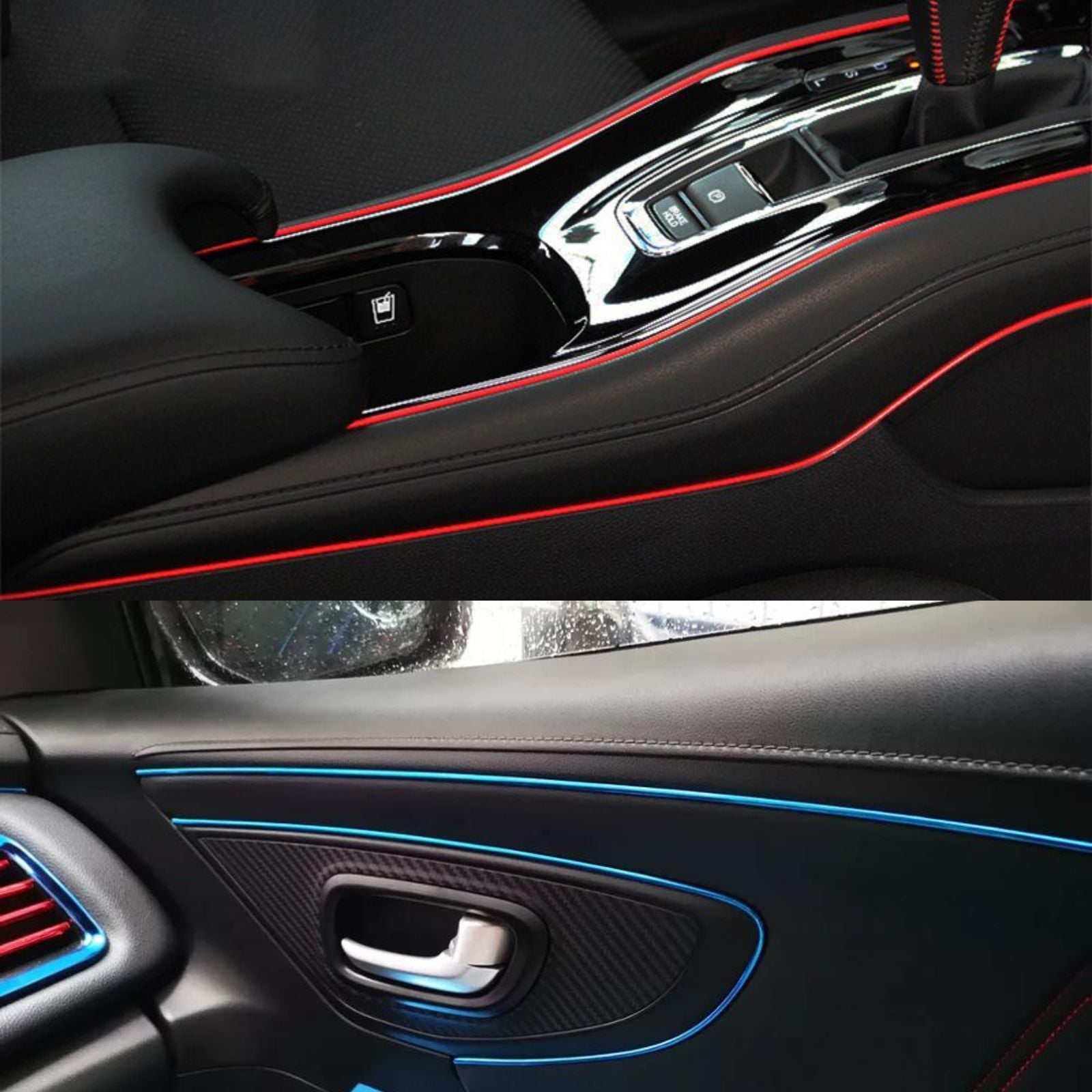 Interior de carro com fio decorativo vermelho e azul aplicado, proporcionando um visual customizado e desportivo
