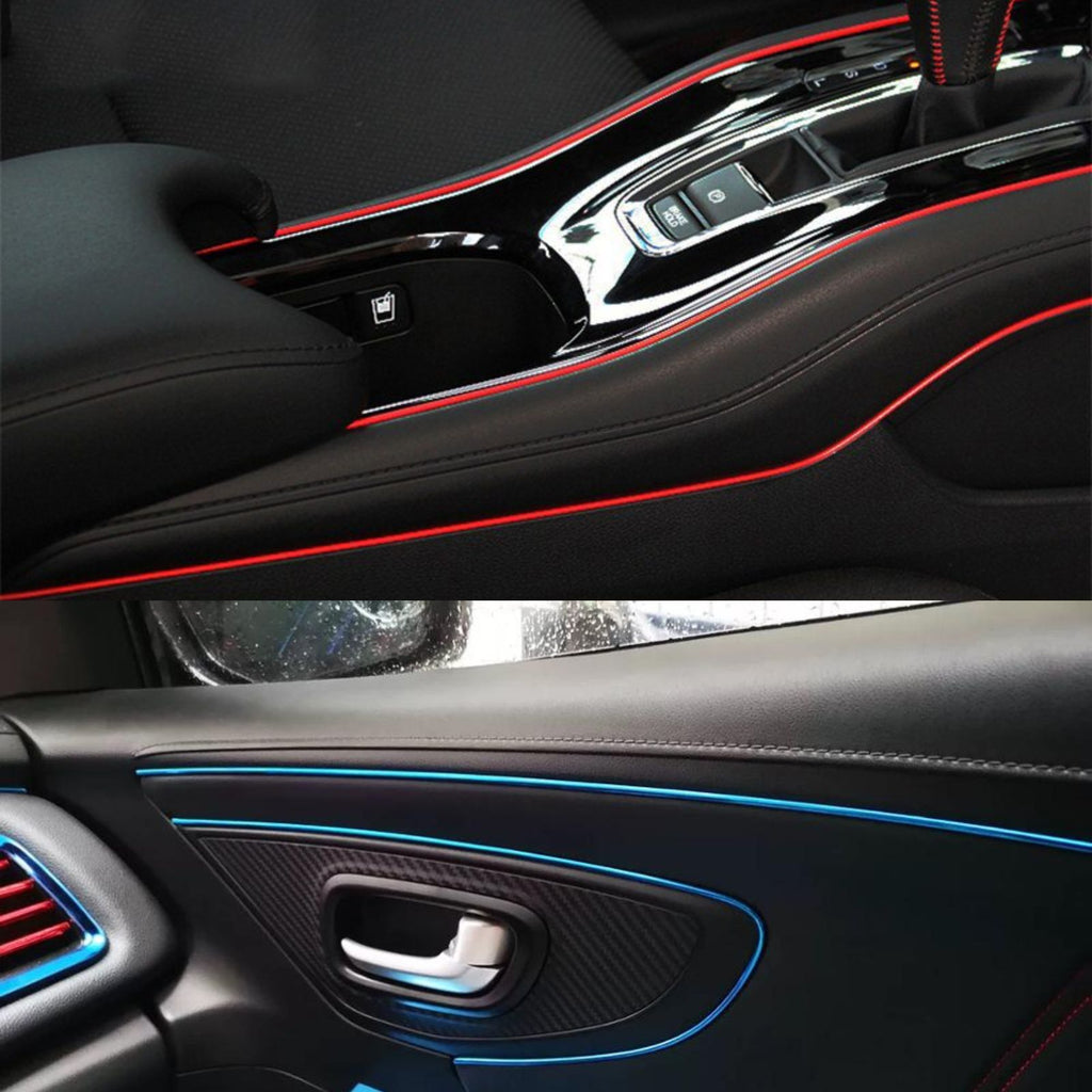 Interior de carro com fio decorativo vermelho e azul aplicado, proporcionando um visual customizado e desportivo