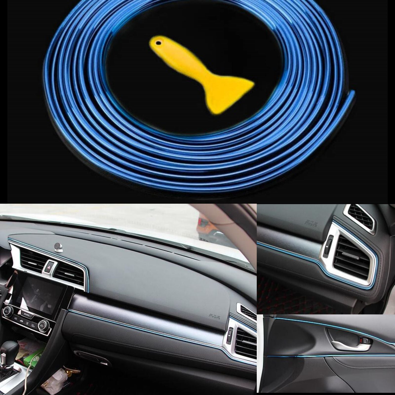 Fio decorativo azul para acabamento de interiores de automóveis, com ferramenta de aplicação, enfatizando a customização do painel automóvel