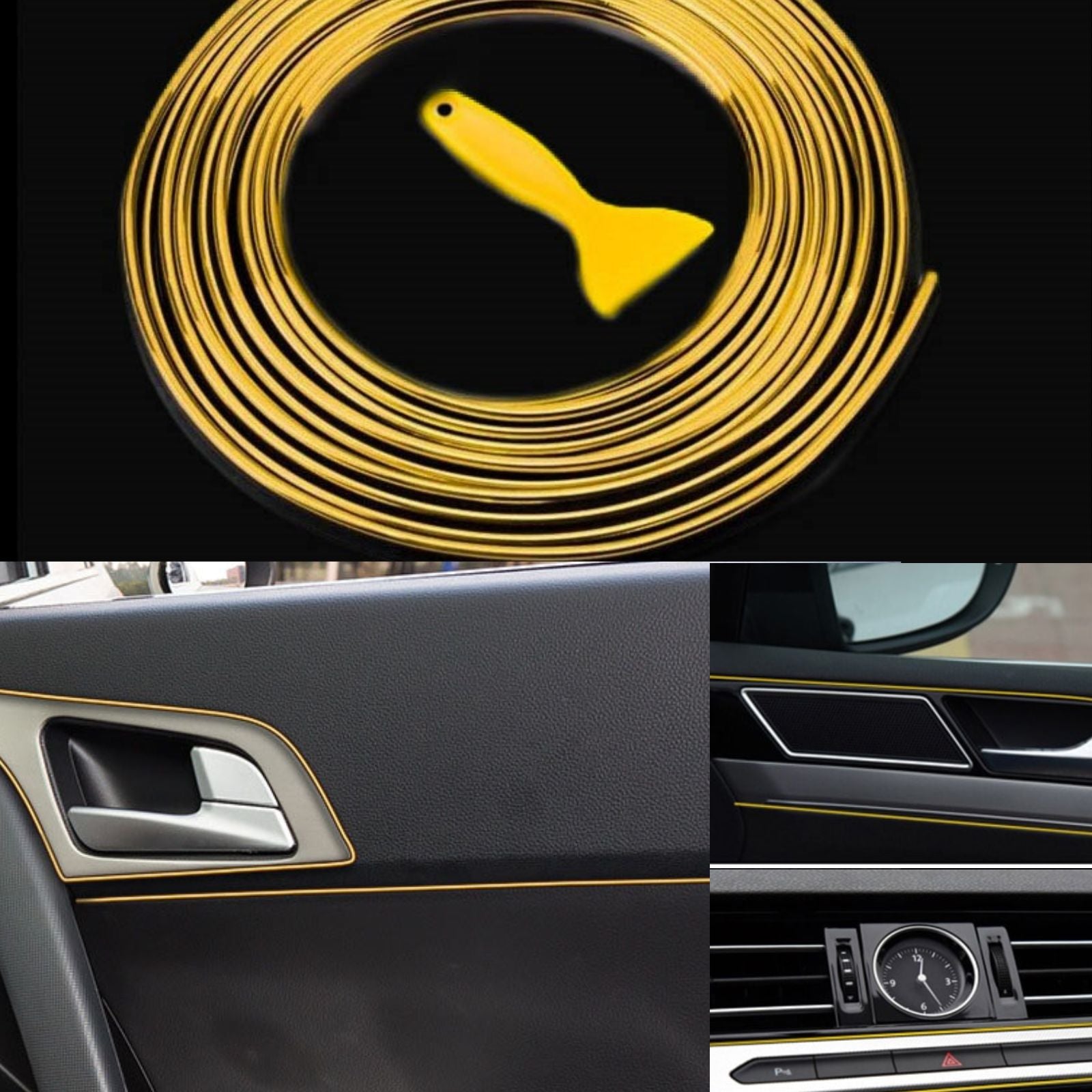 Fio de decoração de interior dourado com ferramenta de instalação, realçando os contornos e o acabamento das saídas de ventilação e detalhes do painel tablier automóvel