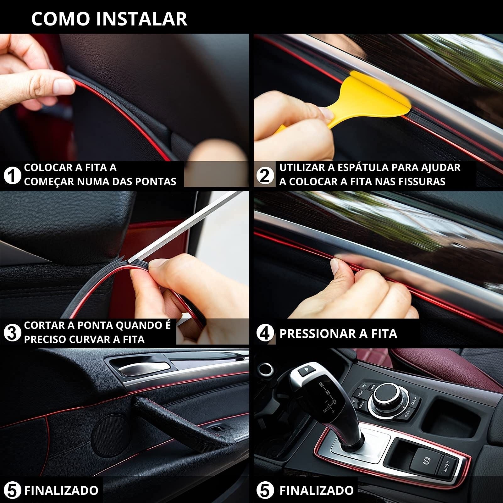 Guia visual como instalar montagem do fio decorativo vermelho no interior do carro, passo a passo, desde a medição até a aplicação final no painel tablier 