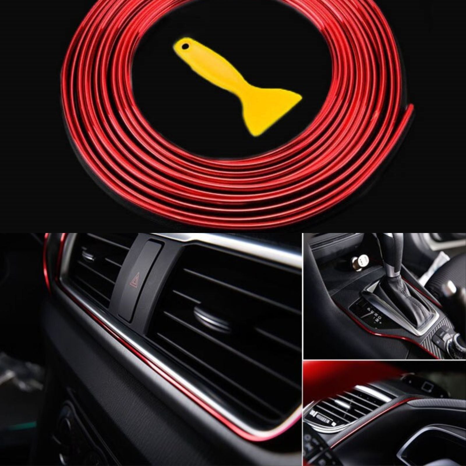 Fio decorativo vermelho para personalização de interiores de carro com ferramenta de montagem, mostrando aplicação em saída de ar, mudanças e tablier automóvel
