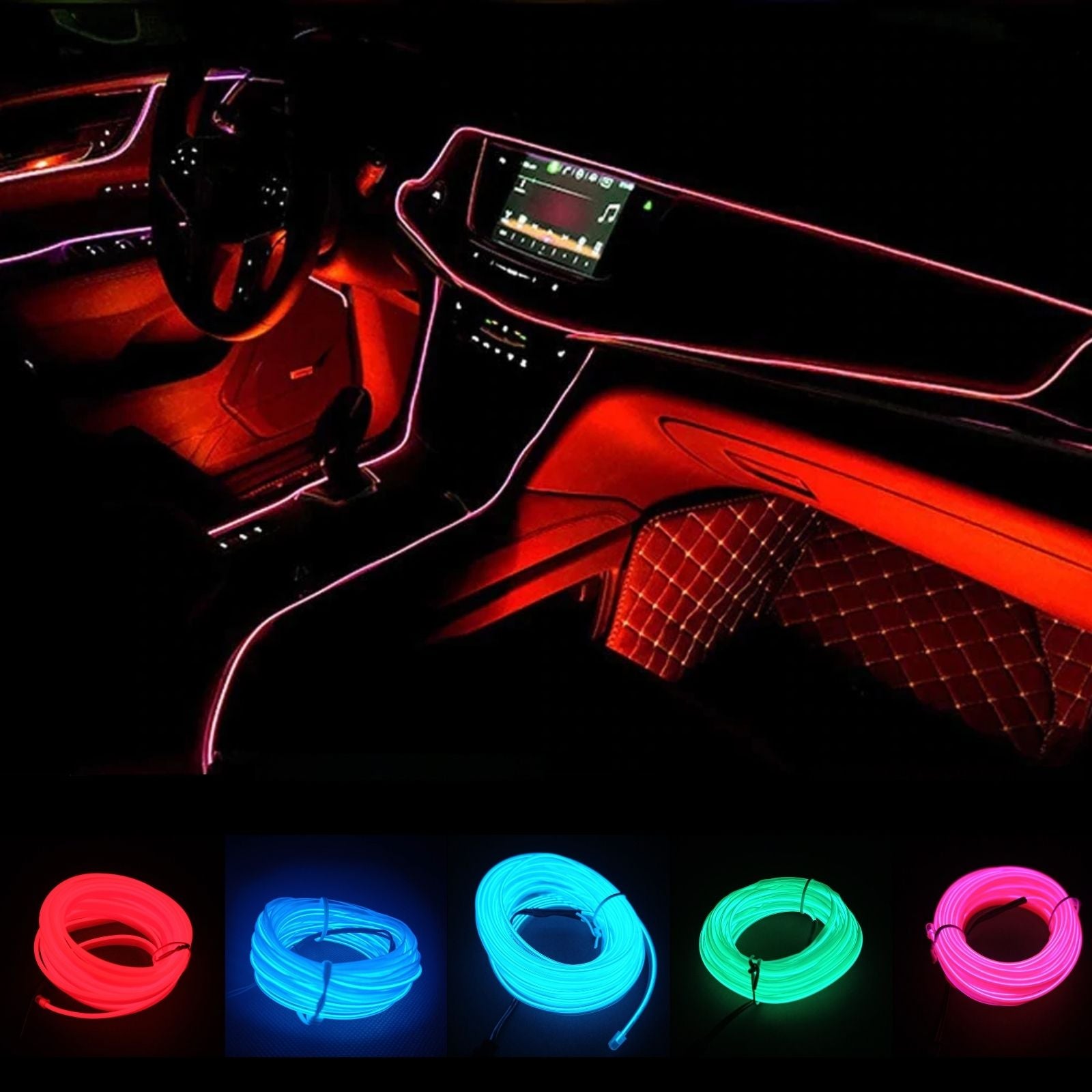Fio Néon Flexível para Carro Automóvel Iluminação Interior Vermelho