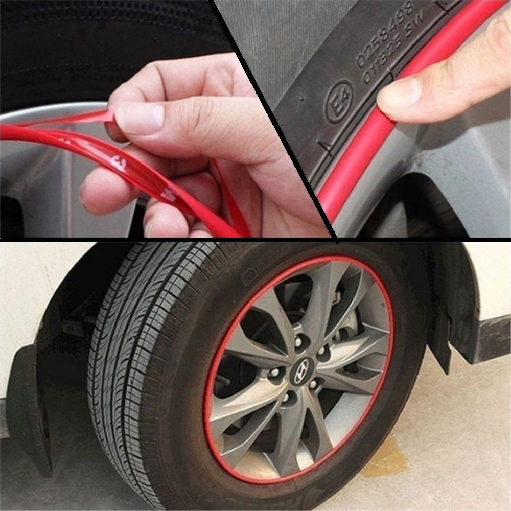 Aplicação de fita decorativa vermelha em jante de carro para um acabamento elegante