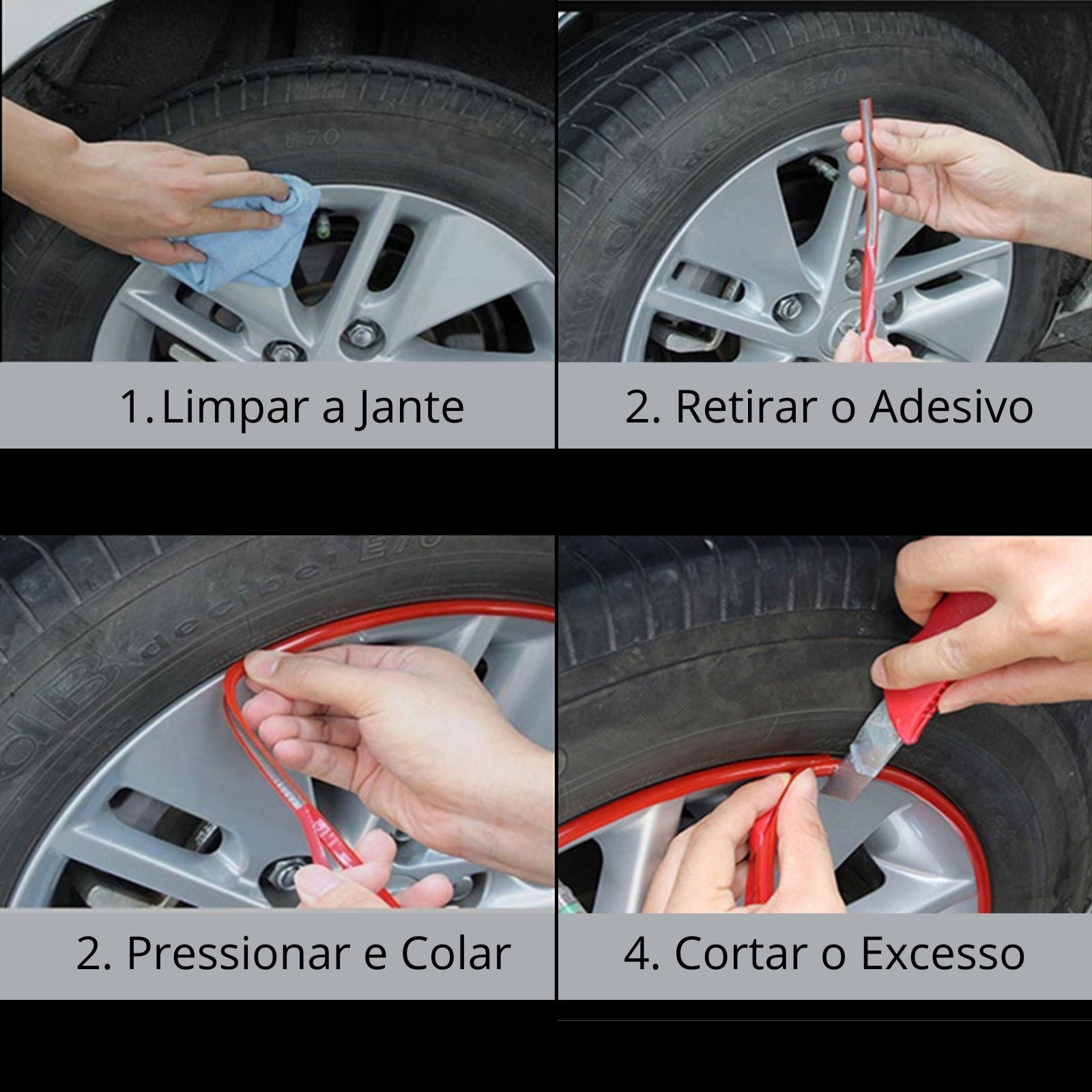 Tutorial de aplicação de fita decorativa para jante: limpar, colar, pressionar e cortar excesso