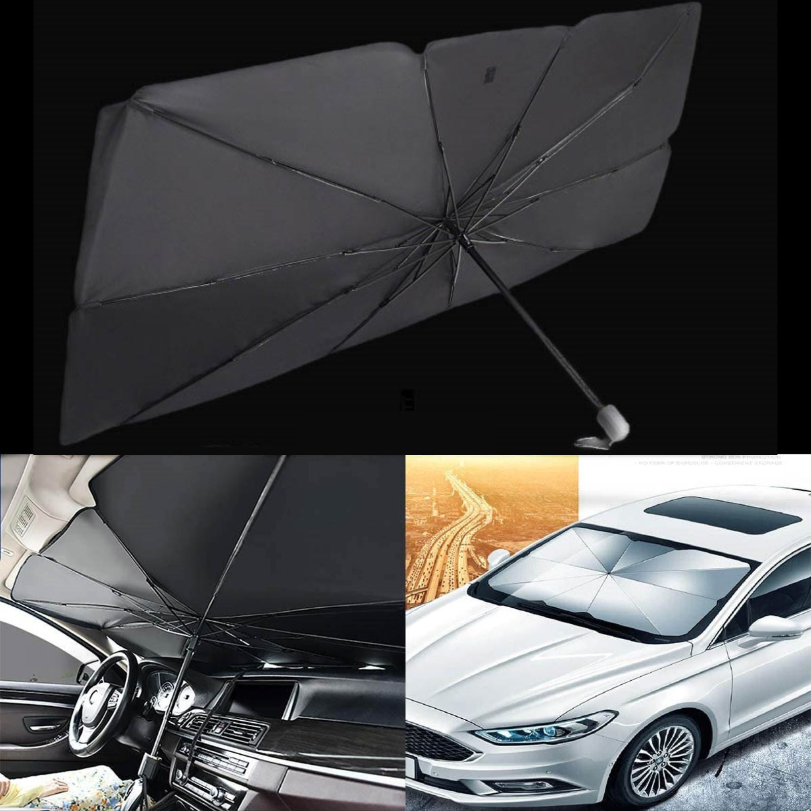Guarda-sol dobrável para carro em uso e fechado, proteção solar automóvel exemplo