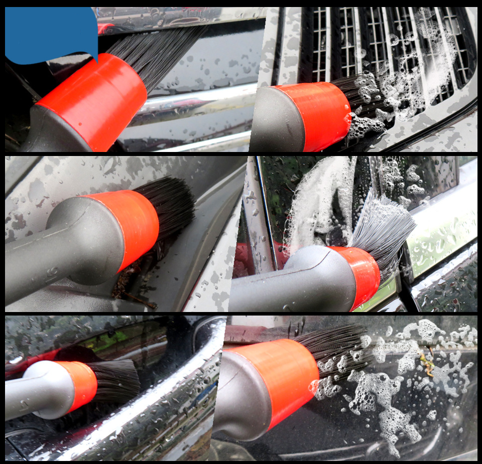Escovas de detalhe em ação, limpando espaços estreitos e grades do carro automóvel com espuma