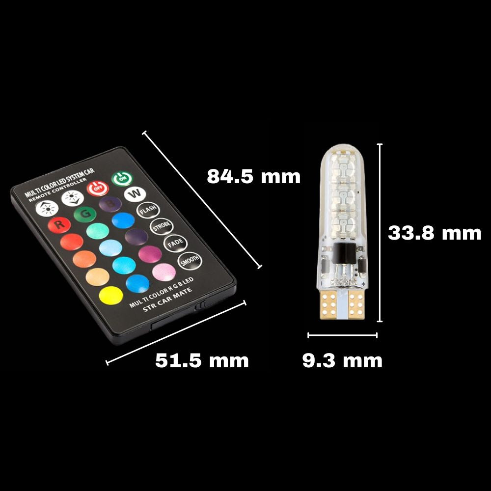 Lâmpadas T10 RGB iluminação carro automóvel dimensões comando
