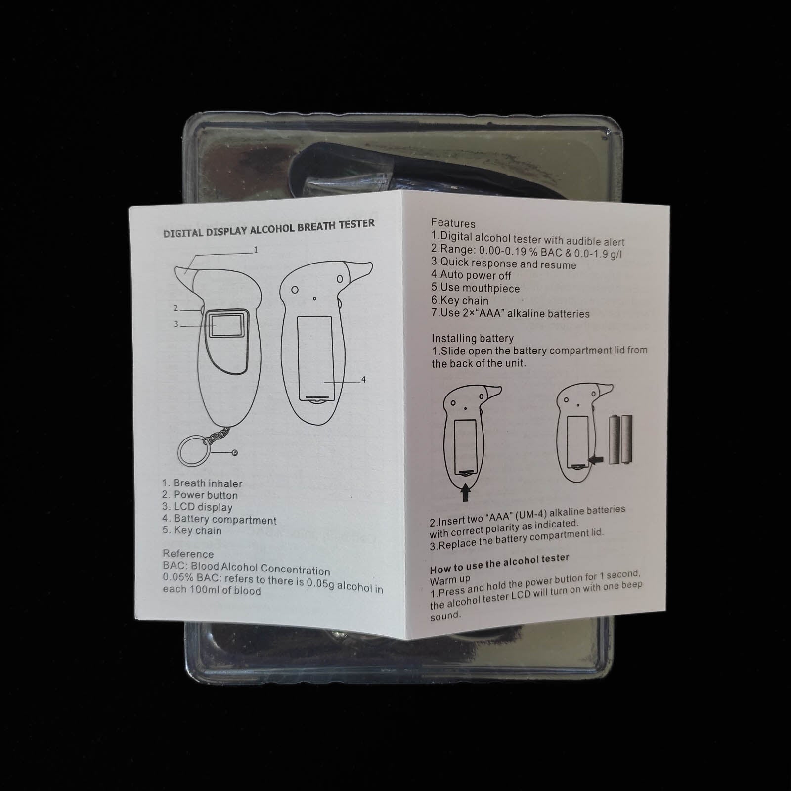 Manual de instruções do medidor de álcool que contém todas as informações necessárias para a utilização do produto