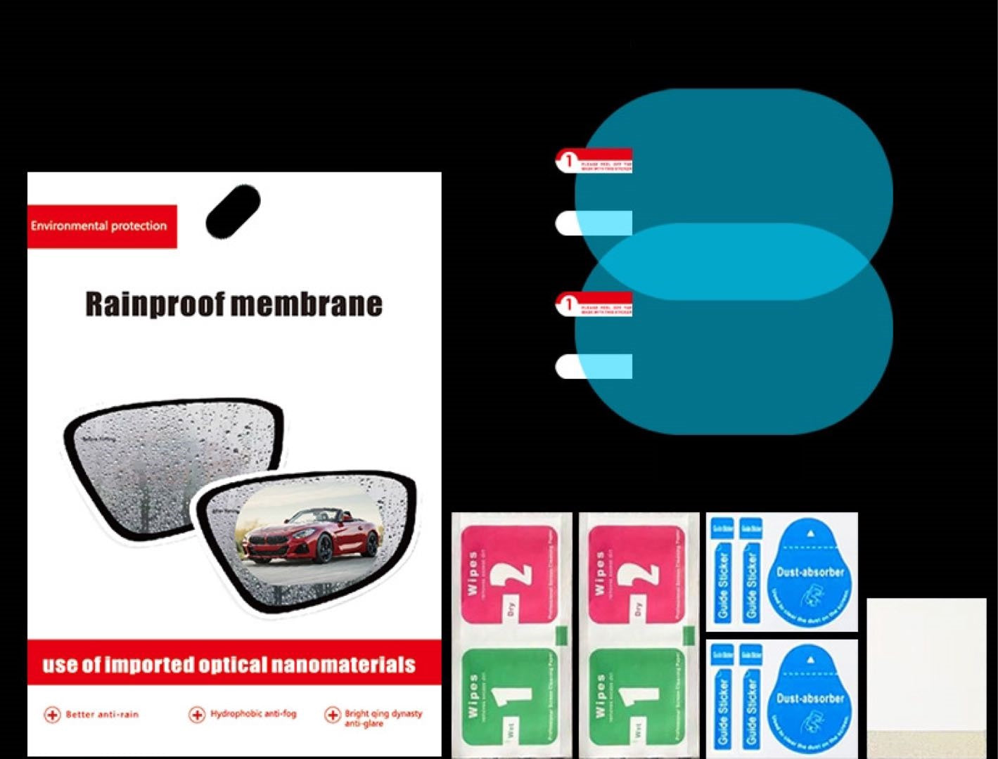 Película Impermeável para espelhos retrovisores anti chuva produtos incluídos vista geral
