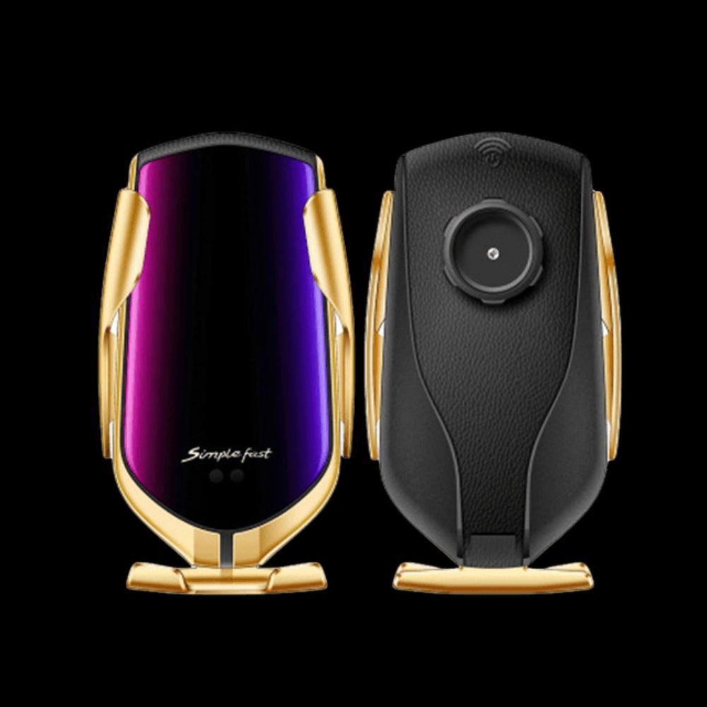 Suporte Automático com Wireless Charging detalhes do produto vista frontal e traseira, com um design elegante com pormenores dourados e roxos