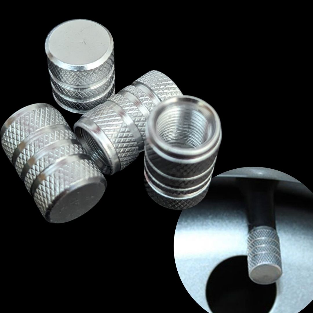 Tampas de válvula prateadas cinzentas em metal com design texturizado para pneus de carro automóvel