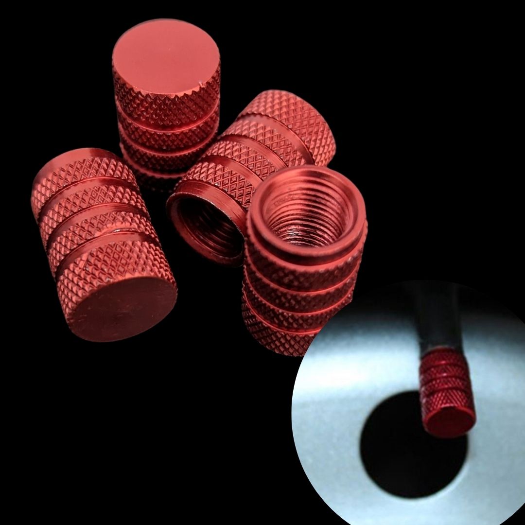 Conjunto de quatro tampas para válvulas metálicas na cor vermelha com textura antiderrapante para pneu de carro automóvel