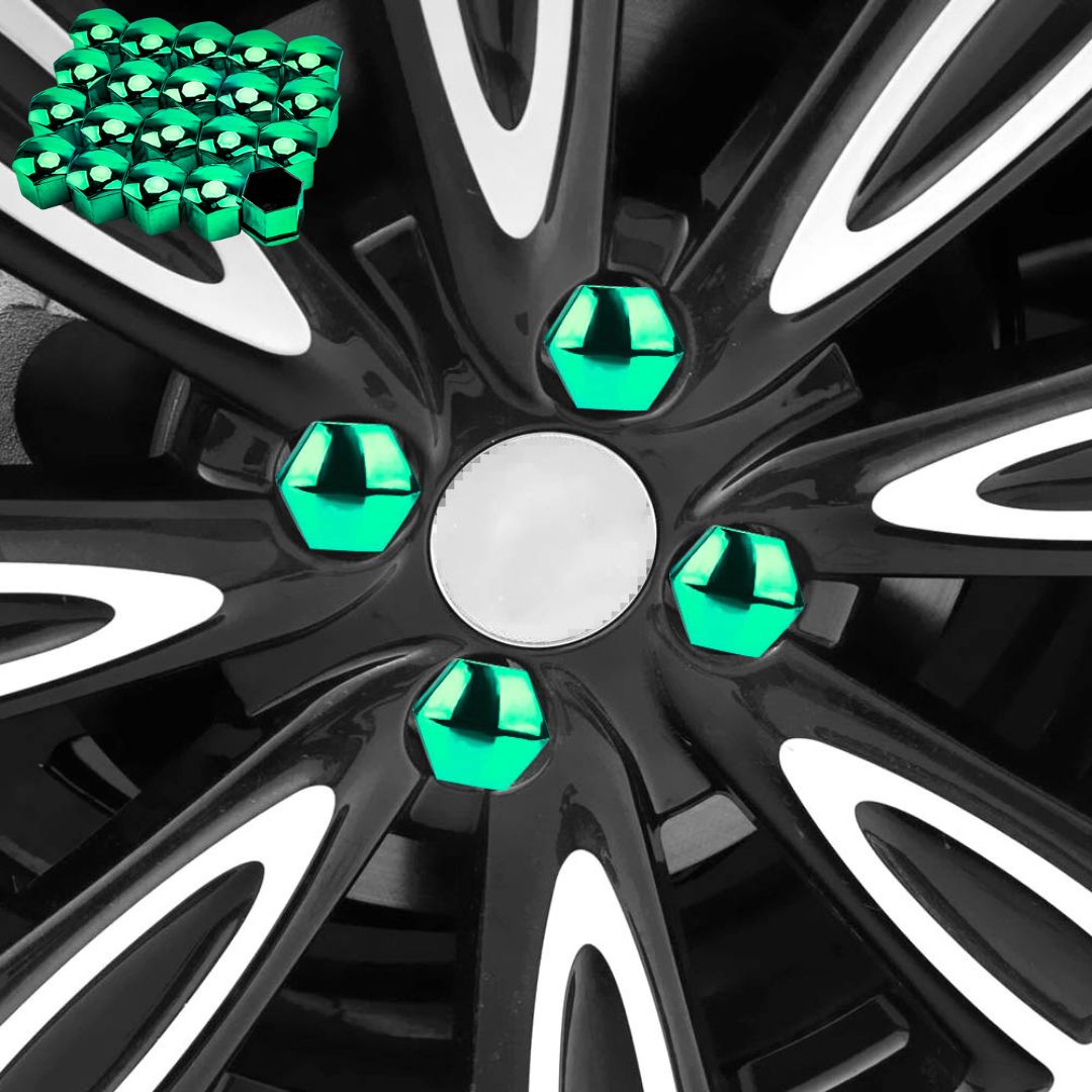 Tampas para porcas em verde neon que adicionam um toque personalizado aos pneus e jantes do carro automóvel