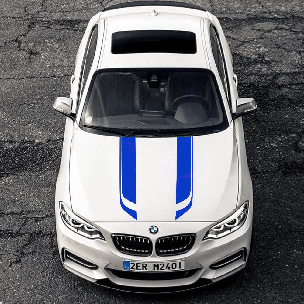 Tira Capô cor azul autocolante aplicadas em carro branco, dando um ar desportivo, moderno e luxuoso ao automóvel
