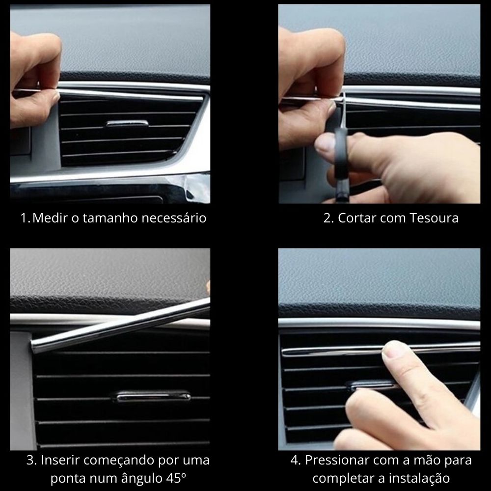 Instruções para instalação fácil e das tiras e faixas decorativas para grelhas de ventilação de carros, ilustrando medição, corte e inserção para um ajuste personalizado