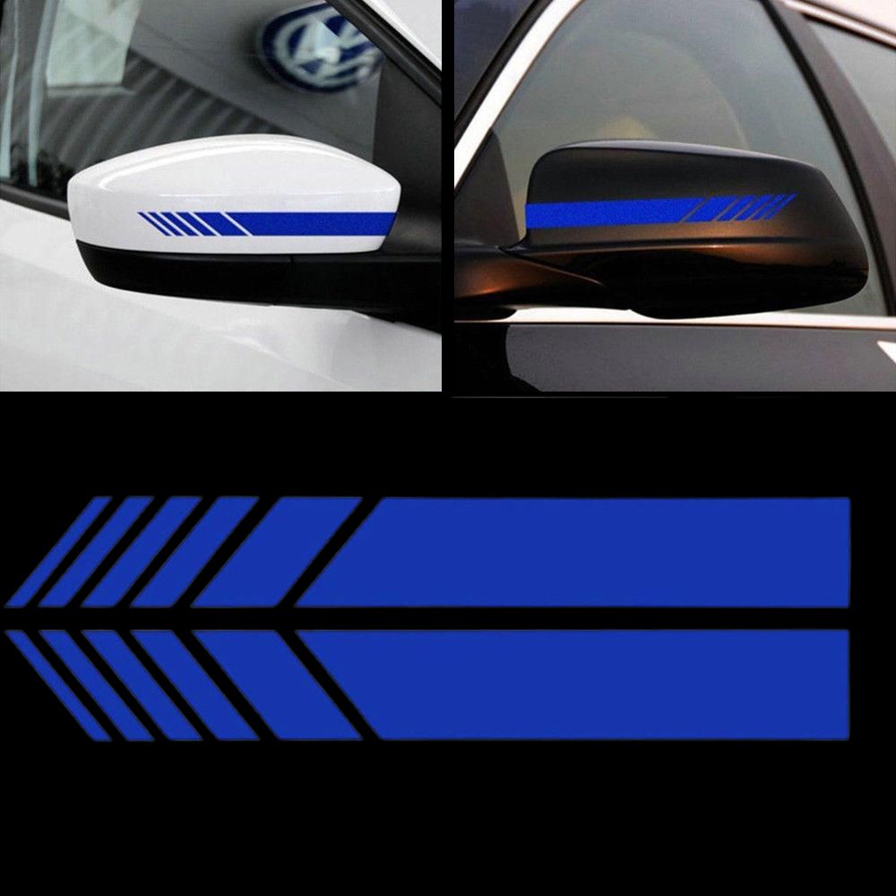 Tiras Espelho Retrovisor na cor azul, autocolantes aplicados em carro branco e em automóvel preto com um design desportivo e moderno