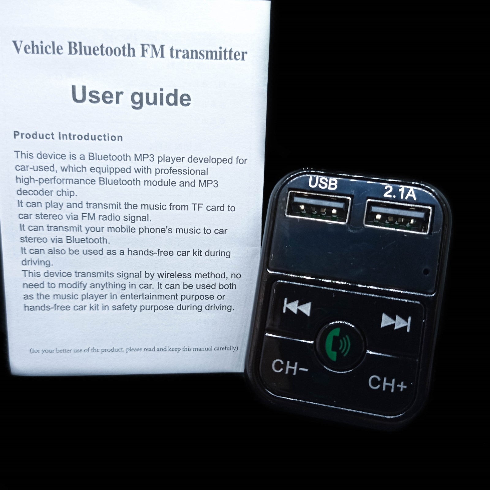 Transmissor Bluetooth para carro com ligação isqueiro com manual de instruções e características do produto